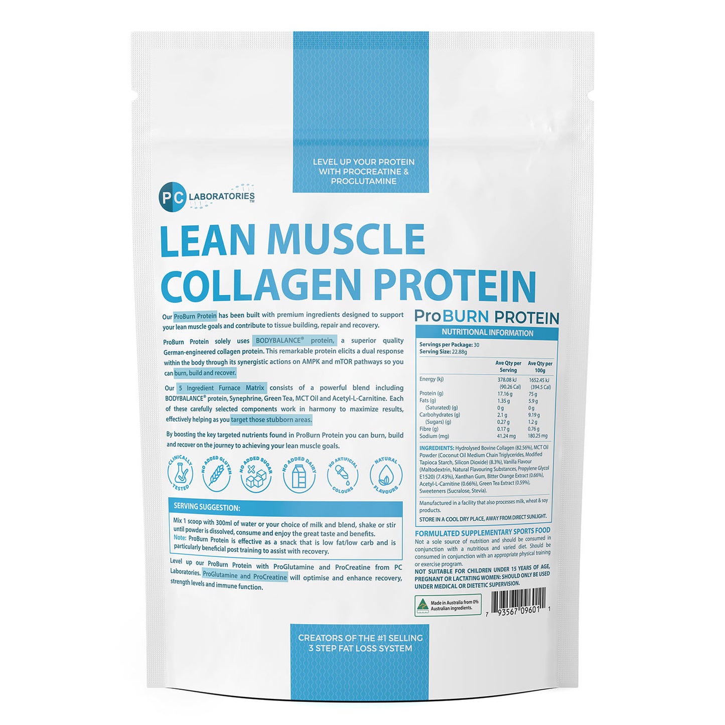 ProBURN Protein by PC Laboratories Vanilla Nutritional Panel